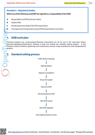 Only on OpenTuition you can find: Free ACCA notes • Free ACCA lectures • Free ACCA tests • Free ACCA tutor support • The largest ACCA community
Example 2 – Regulatory bodies
Which one of the following would NOT be regarded as a responsibility of the IASB?
A Responsible for all IFRS technical matters
B Publish IFRSs
C Overall supervisory body of the IFRS organisations
D Final approval of interpretations by the IFRS Interpretations Committee
1. IASB work plan
Technical projects (e.g. revenue/leases/financial instruments) are all set out in the work plan (http://
www.ifrs.org/projects/work-plan/), however it does not include just standard setting projects. It also
includes research (evidence gathering) and maintenance (narrow scope amendments and interpretations)
projects.
2. Standard setting process
Public Board meetings
Agenda papers
Agenda consultation
Discussion paper
Exposure draft
Revised exposure draft
New IFRS issued
New IFRS adopted
Post-implementation review
September 2020 to June 2021 exams Watch free ACCA FR lectures 10
 