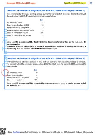 Only on OpenTuition you can find: Free ACCA notes • Free ACCA lectures • Free ACCA tests • Free ACCA tutor support • The largest ACCA community
Example 5 – Performance obligations over time and the statement of profit or loss (1)
Alex commenced a three year building contract during the year-ended 31 December 20X4 and continued
the contract during 20X5. The details of the contract are as follows:
$m
Total contract value 45
Costs incurred to date @ 20X5 20
Estimated costs to completion 12
Work certified as completed in 20X5 15
Stage of completion @ 20X5 70%
Profit recognised to date @ 20X4 3.3
Show how this contract would be dealt with in the statement of profit or loss for the year ended 31
December 20X5.
Where not profit can be calculated if contracts spanning more than one accounting period, i.e. it is
loss making, then the revenue is limited to the recoverable costs.
Example 6 – Performance obligations over time and the statement of profit or loss (2)
Evelyn commenced a building contract in 20X5 that has seen large increases in future costs to complete.
The contract will still be completed on schedule in 20X6. The details from the year ended 31 December 20X5
are as follows:
$m
Total contract value 40
Costs incurred to date 25
Estimated costs to completion 20
Stage of completion 45%
Show how this contract would be accounted for in the statement of profit or loss for the year ended
31 December 20X5.
September 2020 to June 2021 exams Watch free ACCA FR lectures 70
 
