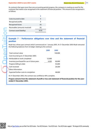 Only on OpenTuition you can find: Free ACCA notes • Free ACCA lectures • Free ACCA tests • Free ACCA tutor support • The largest ACCA community
As contracts that span more than one accounting period progress, the company is creating an asset for the
customer that needs to be recognised in the statement of financial position. The amount to be recognised is
as follows:
$
Costs incurred to date X
Recognised profits X
Recognised losses (X)
Receivables (amounts invoiced) (X)
Contract asset/(liability) X/(X)
Example 7 – Performance obligations over time and the statement of financial
position
Noah has a three year contract which commenced on 1 January 20X5. At 31 December 20X5 Noah extracted
the following balances from its ledger relating to the contract:
$000 $000
Total contract value 140,000
Cost incurred up to 31 December 20X5:
Attributable to work completed 52,000
Inventory purchased for use in future years 8,000 60,000
Progress billing to date 45,000
Cash received 26,500
Other information:
Expected further costs to completion 48,000
At 31 December 20X5, the contract was certified as 40% complete.
Prepare extracts from the statement of profit or loss and statement of financial position for the year-
ended 31 December 20X5.
September 2020 to June 2021 exams Watch free ACCA FR lectures 71
 