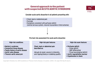 Copyright: Hiratzka et al. 2010 Guidelines on Thoracic Aortic Disease. Circulation. (2010) ; 121: page-310 (fig 25 step 2).
Consider acute aortic dissection in all patients presenting with:
• Chest, back or abdominal pain
• Syncope
• Symptoms consistent with perfusion deficit
(central nervous system, visceral myocardial or limb ischemia)
Pre-test risk assessment for acute aortic dissection
• Marfan’s syndrome
• Connective tissue disease
• Family history of aortic disease
• Aortic valve disease
• Thoracic aortic aneurysm
• Perfusion deficit:
- Pulse deficit
- SBP differential
- Focal neurological deficit
• Aortic regurgitation murmur
• Hypotension or shock
Chest, back or abdominal pain
described as:
Abrupt at onset, severe in intensity,
and ripping/sharp or stabbing quality
High-risk conditions High-risk pain features High-risk exam features
P.95
7.1
General approach to the patient
with suspected ACUTE AORTIC SYNDROME
 