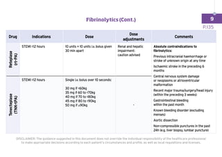 Drug Indications Dose
Dose
adjustments
Comments
Reteplase
(rt-PA)
STEMI 12 hours 10 units + 10 units i.v. bolus given
30 min apart
Renal and hepatic
impairment:
caution advised
Absolute contraindications to
fibrinolytics:
Previous intracranial haemorrhage or
stroke of unknown origin at any time
Ischaemic stroke in the preceding 6
months
Central nervous system damage
or neoplasms or atrioventricular
malformation
Recent major trauma/surgery/head injury
(within the preceding 3 weeks)
Gastrointestinal bleeding
within the past month
Known bleeding disorder (excluding
menses)
Aortic dissection
Non-compressible punctures in the past
24h (e.g. liver biopsy, lumbar puncture)
Tenecteplase
(TNK-tPA)
STEMI 12 hours Single i.v. bolus over 10 seconds:
30 mg if 60kg
35 mg if 60 to 70kg
40 mg if 70 to 80kg
45 mg if 80 to 90kg
50 mg if ≥90kg -
DISCLAIMER: The guidance suggested in this document does not override the individual responsibility of the healthcare professional
to make appropriate decisions according to each patient’s circumstances and profile, as well as local regulations and licenses.
P.135
Fibrinolytics (Cont.) 9
 