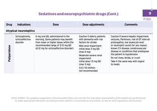 Drug Indications Dose Dose adjustments Comments
Atypical neuroleptics
Paliperidone
Schizophrenia,
schizoaffective
disorder
6 mg oral QD, administered in the
morning. Some patients may benefit
from lower or higher doses within the
recommended range of 3-12 mg QD
(6-12 mg for schizoaffective disorder)
Caution if elderly patients
with dementia with risk
factors for stroke
Mild renal impairment:
initial dose 3 mg QD
(max 6 mg)
Moderate-severe renal
impairment:
initial dose 1.5 mg QD
(max 3 mg)
CrCl 10 ml/min:
not recommended
Caution if severe hepatic impairment,
seizures, Parkinson, risk of QT interval
prolongation, low leukocyte and/
or neutrophil counts for any reason,
known CV disease, cerebrovascular
disease or conditions that predispose
the patient to hypotension
Do not chew, divide, or crush
Take it the same way with regard
to meals
P.186
DISCLAIMER: The guidance suggested in this document does not override the individual responsibility of the healthcare professional
to make appropriate decisions according to each patient’s circumstances and profile, as well as local regulations and licenses.
Sedatives and neuropsychiatric drugs (Cont.) 9
 