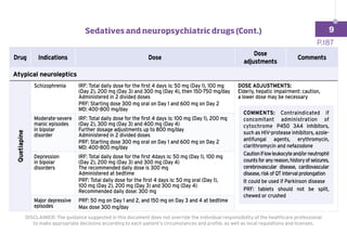 Drug Indications Dose
Dose
adjustments
Comments
Atypical neuroleptics
Quetiapine
Schizophrenia IRF: Total daily dose for the first 4 days is: 50 mg (Day 1), 100 mg
(Day 2), 200 mg (Day 3) and 300 mg (Day 4), then 150-750 mg/day
Administered in 2 divided doses
PRF: Starting dose 300 mg oral on Day 1 and 600 mg on Day 2
MD: 400-800 mg/day
DOSE ADJUSTMENTS:
Elderly, hepatic impairment: caution,
a lower dose may be necessary
COMMENTS: Contraindicated if
concomitant administration of
cytochrome P450 3A4 inhibitors,
such as HIV-protease inhibitors, azole-
antifungal agents, erythromycin,
clarithromycin and nefazodone
Cautioniflowleukocyteand/orneutrophil
countsforanyreason,historyofseizures,
cerebrovascular disease, cardiovascular
disease, risk of QT interval prolongation
It could be used if Parkinson disease
PRF: tablets should not be split,
chewed or crushed
Moderate-severe
manic episodes
in bipolar
disorder
IRF: Total daily dose for the first 4 days is: 100 mg (Day 1), 200 mg
(Day 2), 300 mg (Day 3) and 400 mg (Day 4)
Further dosage adjustments up to 800 mg/day
Administered in 2 divided doses
PRF: Starting dose 300 mg oral on Day 1 and 600 mg on Day 2
MD: 400-800 mg/day
Depression
in bipolar
disorders
IRF: Total daily dose for the first 4days is: 50 mg (Day 1), 100 mg
(Day 2), 200 mg (Day 3) and 300 mg (Day 4)
The recommended daily dose is 300 mg
Administered at bedtime
PRF: Total daily dose for the first 4 days is: 50 mg oral (Day 1),
100 mg (Day 2), 200 mg (Day 3) and 300 mg (Day 4)
Recommended daily dose: 300 mg
Major depressive
episodes
PRF: 50 mg on Day 1 and 2, and 150 mg on Day 3 and 4 at bedtime
Max dose 300 mg/day
P.187
DISCLAIMER: The guidance suggested in this document does not override the individual responsibility of the healthcare professional
to make appropriate decisions according to each patient’s circumstances and profile, as well as local regulations and licenses.
Sedatives and neuropsychiatric drugs (Cont.) 9
 