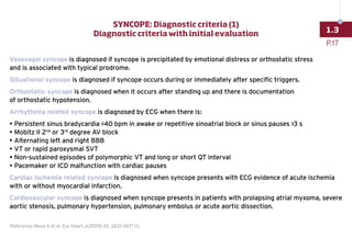Vasovagal syncope is diagnosed if syncope is precipitated by emotional distress or orthostatic stress
and is associated with typical prodrome.
Situational syncope is diagnosed if syncope occurs during or immediately after specific triggers.
Orthostatic syncope is diagnosed when it occurs after standing up and there is documentation
of orthostatic hypotension.
Arrhythmia related syncope is diagnosed by ECG when there is:
•	
Persistent sinus bradycardia 40 bpm in awake or repetitive sinoatrial block or sinus pauses 3 s
•	
Mobitz II 2nd
or 3rd
degree AV block
•	
Alternating left and right BBB
•	
VT or rapid paroxysmal SVT
•	
Non-sustained episodes of polymorphic VT and long or short QT interval
•	
Pacemaker or ICD malfunction with cardiac pauses
Cardiac ischemia related syncope is diagnosed when syncope presents with ECG evidence of acute ischemia
with or without myocardial infarction.
Cardiovascular syncope is diagnosed when syncope presents in patients with prolapsing atrial myxoma, severe
aortic stenosis, pulmonary hypertension, pulmonary embolus or acute aortic dissection.
Reference: Moya A et al. Eur Heart J(2009) 30, 2631–2671 (1).
P.17
1.3
SYNCOPE: Diagnostic criteria (1)
Diagnostic criteria with initial evaluation
 