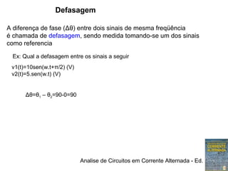 Analise de Circuitos em Corrente Alternada - Ed. Erica
Defasagem
A diferença de fase (Δθ) entre dois sinais de mesma freqüência
é chamada de defasagem, sendo medida tomando-se um dos sinais
como referencia
Ex: Qual a defasagem entre os sinais a seguir
v1(t)=10sen(w.t+π/2) (V)
v2(t)=5.sen(w.t) (V)
Δθ=θ1 – θ2=90-0=90
 