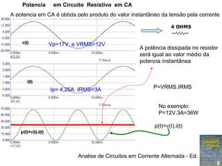 Analise de Circuitos em Corrente Alternada - Ed. Erica
Potencia    em Circuito  Resistivo  em CA
A potencia em CA é obtida pelo produto do valor instantâneo da tensão pela corrente
instantânea:p(t)=v(t).i(t)
p(t)=v(t).i(t)
A potência dissipada no resistor
será igual ao valor médio da
potencia instantânea
No exemplo:
P=12V.3A=36W
P=VRMS.IRMS
Vp=17V e VRMS=12V
Ip= 4,25A IRMS=3A
p(t)=v(t).i(t)
 