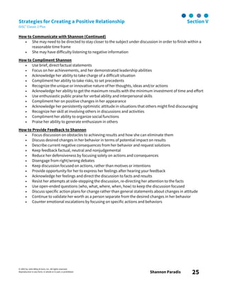 © 2003 by John Wiley & Sons, Inc. All rights reserved.
Reproduction in any form, in whole or in part, is prohibited. Shannon Paradis 25
Strategies for Creating a Positive Relationship Section V
DiSC® Classic 2 Plus
How to Communicate with Shannon (Continued)
• She may need to be directed to stay closer to the subject under discussion in order to finish within a
reasonable time frame
• She may have difficulty listening to negative information
How to Compliment Shannon
• Use brief, direct factual statements
• Focus on her achievements, and her demonstrated leadership abilities
• Acknowledge her ability to take charge of a difficult situation
• Compliment her ability to take risks, to set precedents
• Recognize the unique or innovative nature of her thoughts, ideas and/or actions
• Acknowledge her ability to get the maximum results with the minimum investment of time and effort
• Use enthusiastic public praise for verbal ability and interpersonal skills
• Compliment her on positive changes in her appearance
• Acknowledge her persistently optimistic attitude in situations that others might find discouraging
• Recognize her skill at involving others in discussions and activities
• Compliment her ability to organize social functions
• Praise her ability to generate enthusiasm in others
How to Provide Feedback to Shannon
• Focus discussion on obstacles to achieving results and how she can eliminate them
• Discuss desired changes in her behavior in terms of potential impact on results
• Describe current negative consequences from her behavior and request solutions
• Keep feedback factual, neutral and nonjudgemental
• Reduce her defensiveness by focusing solely on actions and consequences
• Disengage from right/wrong debates
• Keep discussion focused on actions, rather than motives or intentions
• Provide opportunity for her to express her feelings after hearing your feedback
• Acknowledge her feelings and direct the discussion to facts and results
• Resist her attempts at side-stepping the discussion, re-directing her attention to the facts
• Use open-ended questions (who, what, where, when, how) to keep the discussion focused
• Discuss specific action plans for change rather than general statements about changes in attitude
• Continue to validate her worth as a person separate from the desired changes in her behavior
• Counter emotional escalations by focusing on specific actions and behaviors
 