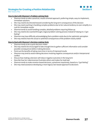 © 2003 by John Wiley & Sons, Inc. All rights reserved.
Reproduction in any form, in whole or in part, is prohibited. Shannon Paradis 27
Strategies for Creating a Positive Relationship Section V
DiSC® Classic 2 Plus
How to deal with Shannon's Problem-solving Style
• Shannon tends to take a practical, results-oriented approach, preferring simple, easy-to-implement,
immediate solutions
• She may need to be directed toward considering the long term consequences of the decision
• She may need coaching in handling complex problems due to her natural tendency to over-simplify in a
rush for immediate results
• Shannon tends to avoid handling complex, detailed problems requiring follow-up
• She may need to be coached through a logical problem-solving process instead of relying on a "gut-
feeling"
• Shannon may have difficulty acknowledging that a problem exists due to her optimistic perception
• She may need to have the actual or potential consequences of the problem clearly stated
How to Deal with Shannon's Decision-making Style
• Shannon tends to be a quick decision-maker
• She may need to be encouraged to take enough time to gather sufficient information and consider
possible consequences before making decisions
• Point out the benefits of taking more time in terms of improved results
• Shannon may tend to avoid making decisions involving negative consequences and/or interpersonal
conflict
• Discuss how making a decision will reduce negative outcomes in the long term
• Describe how her indecisiveness frustrates others and makes her look bad
• Shannon tends to make emotion-based decisions, sometimes impulsively, based on a "gut-feeling"
• She may need assistance developing a more logical, fact-based approach to decisions
 
