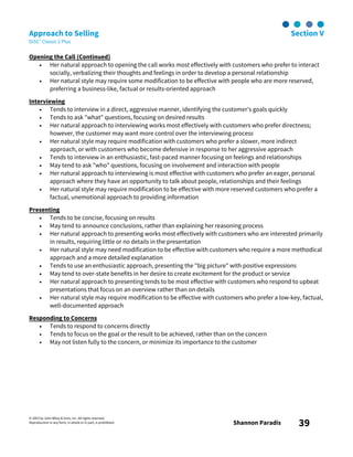 © 2003 by John Wiley & Sons, Inc. All rights reserved.
Reproduction in any form, in whole or in part, is prohibited. Shannon Paradis 39
Approach to Selling Section V
DiSC® Classic 2 Plus
Opening the Call (Continued)
• Her natural approach to opening the call works most effectively with customers who prefer to interact
socially, verbalizing their thoughts and feelings in order to develop a personal relationship
• Her natural style may require some modification to be effective with people who are more reserved,
preferring a business-like, factual or results-oriented approach
Interviewing
• Tends to interview in a direct, aggressive manner, identifying the customer's goals quickly
• Tends to ask "what" questions, focusing on desired results
• Her natural approach to interviewing works most effectively with customers who prefer directness;
however, the customer may want more control over the interviewing process
• Her natural style may require modification with customers who prefer a slower, more indirect
approach, or with customers who become defensive in response to her aggressive approach
• Tends to interview in an enthusiastic, fast-paced manner focusing on feelings and relationships
• May tend to ask "who" questions, focusing on involvement and interaction with people
• Her natural approach to interviewing is most effective with customers who prefer an eager, personal
approach where they have an opportunity to talk about people, relationships and their feelings
• Her natural style may require modification to be effective with more reserved customers who prefer a
factual, unemotional approach to providing information
Presenting
• Tends to be concise, focusing on results
• May tend to announce conclusions, rather than explaining her reasoning process
• Her natural approach to presenting works most effectively with customers who are interested primarily
in results, requiring little or no details in the presentation
• Her natural style may need modification to be effective with customers who require a more methodical
approach and a more detailed explanation
• Tends to use an enthusiastic approach, presenting the "big picture" with positive expressions
• May tend to over-state benefits in her desire to create excitement for the product or service
• Her natural approach to presenting tends to be most effective with customers who respond to upbeat
presentations that focus on an overview rather than on details
• Her natural style may require modification to be effective with customers who prefer a low-key, factual,
well-documented approach
Responding to Concerns
• Tends to respond to concerns directly
• Tends to focus on the goal or the result to be achieved, rather than on the concern
• May not listen fully to the concern, or minimize its importance to the customer
 