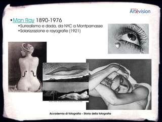 •Fotografia come industria
   •Escono i nuovi apparecchi
   •Rivalità tra le industrie tedesche: Zeiss, Leitz, Rollei
•Fotografia come documento
   •Il realismo e lo scatto che “ferma il momento”
   •Il fotogiornalismo
•Dalle lastre al 35mm
   •La pellicola perforata e la portabilità
   •Reflex 35mm: la Kine Exacta (1936)
•Dal 1890 al 1940
   •La fotografia come professione
   •Propaganda politica e pubblicità
   •Le prime agenzie internazionali




                       Accademia di fotografia – Storia della fotografia
 