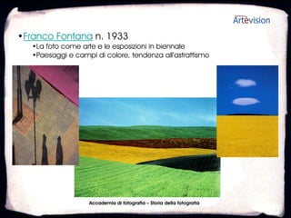 •Walker Evans 1903-1975
   •Fotografia documentaria e di denuncia (volti, case, ambienti)
   •Reportage su Machado a Cuba (1933). Lavora con D. Lange e H. Levitt




                   Accademia di fotografia – Storia della fotografia
 