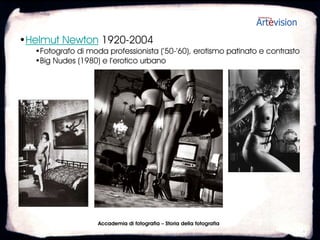 •Tedeschi e giapponesi: industrie a confronto
   •1935: la prima Canon
   •I giapponesi che “copiano” – Le industrie nazionali
   •Anni ’60, la Nikon F e il boom delle reflex giapponesi
   •1963, la Kodak Instamatic
•Guerra e dopoguerra
   •La fotografia da documento a forma d’arte
   •Gli esterni, lo studio e le forme “ibride”
   •Il ruolo delle riviste (Life, Harper’s Bazaar, Vogue)
   •In Italia: Europeo, Borghese, Illustrazione Italiana




                       Accademia di fotografia – Storia della fotografia
 
