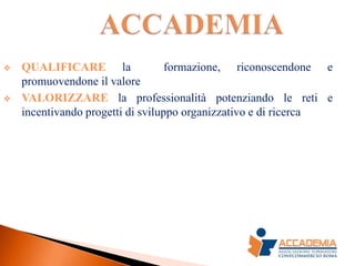    QUALIFICARE la                 formazione, riconoscendone e
    promuovendone il valore
   VALORIZZARE la professionalità potenziando le reti e
    incentivando progetti di sviluppo organizzativo e di ricerca
 