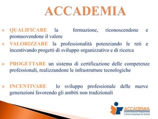    QUALIFICARE la                 formazione, riconoscendone e
    promuovendone il valore
   VALORIZZARE la professionalità potenziando le reti e
    incentivando progetti di sviluppo organizzativo e di ricerca

   PROGETTARE un sistema di certificazione delle competenze
    professionali, realizzandone le infrastrutture tecnologiche


   INCENTIVARE          lo sviluppo professionale delle nuove
    generazioni favorendo gli ambiti non tradizionali
 