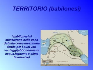 TERRITORIO (babilonesi) I babilonesi si stanziarono nella zona definita come mezzaluna fertile per i suoi vari vantaggi(abbondanza di acqua,legname e clima favorevole)   