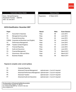 ACCA Qualification: December 2007
Paper Result Mark Exam Session
F1 Accountant in Business Pass 88 June 2015
F2 Management Accounting Pass 66 June 2015
F3 Financial Accounting Pass 83 June 2015
F4ENG Corporate and Business Law (English) Pass 59 June 2015
F5 Performance Management Pass 70 June 2016
F6UK Taxation (United Kingdom) Pass 73 June 2016
F7 Financial Reporting Pass 60 June 2016
F8 Audit and Assurance Pass 52 June 2016
F9 Financial Management Pass 76 March 2017
P1 Governance, Risk and Ethics Pass 67 March 2017
P3 Business Analysis Pass 58 March 2017
RegistrationName :
Michael Brangman 07 March 2015
Registration Number
Relevant Dates
: 3280746
02 June 2017Date :
Registration
Examination History Details
Name :
P2 Corporate Reporting
P4 Advanced Financial Management optional exam - 2 out of 4 required
P5 Advanced Performance Management optional exam - 2 out of 4 required
P6 Advanced Taxation optional exam - 2 out of 4 required
P7 Advanced Audit and Assurance optional exam - 2 out of 4 required
Paper(s) to complete under current syllabus
110 Queen Street, Glasgow, G1 3BX UK
Tel: +44 (0)141 582 2000 Fax: +44 (0)141 582 2222
www.accaglobal.com
The Association of Chartered Certified Accountants
 