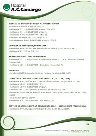 ISENÇÃO DO IMPOSTO DE RENDA NA APOSENTADORIA
– Constituição Federal, artigos 5º e 150, II.
– Lei Federal 7.713, de 22/12/1988, artigo 6º, XIV e XXI.
– Lei Federal 8.541, de 23/12/1992, artigo 47.
– Lei Federal 9.250, de 26/12//1995, artigo 30.
– Instrução Normativa SRF 15/01, artigo 5º, XII.
– Decreto Federal 3.000, de 26/3/1999, artigo 39, XXXIII.
CIRURGIA DE RECONSTRUÇÃO MAMÁRIA
– Lei Federal 9.656, de 3/6/1998, alterada pela Lei Federal 10.223, de 15/5/2001.
– Lei Federal 9.797/99, de 6/5/1999.
ANDAMENTO JUDICIÁRIO PRIORITÁRIO
– Lei Federal 10.173, de 9/1/2001 – acrescentou os artigos 1.211-A e 1.211-B ao Código de
Processo Civil.
– Lei Federal 10.741, de 1/10/2003 – Estatuto do Idoso, artigo 71.
PIS/PASEP
– Resolução 01/96 do Conselho Diretor do Fundo de Participação PIS-PASEP.
COMPRA DE CARRO COM ISENÇÃO DE IMPOSTOS (IPI, ICMS, IPVA)
– Lei Federal 9.503, de 23/9/97 – Código de Trânsito Brasileiro, artigos 140 e 147, § 4º.
– Lei Federal 10.182, de 12/2/2001 – IPI.
– Lei Federal 10.690, de 16/6/2003, artigo 2º.
– Instrução SRF 32, de 23/3/2000, e Instrução 88, de 8/9/2000 – IPI.
– Resolução Contran 734/89, artigo 56, e Decreto do Estado de São Paulo 45.490, de 30/11/2001
– ICMS.
– Portarias CAT 56/96 e 106/97.
– Lei Federal 8.383, de 30/12/1991 – IOF, artigo 72, IV.
SERVIÇO DE ATENDIMENTO AO CONSUMIDOR (SAC) – ATENDIMENTO PREFERENCIAL
– Lei Federal 8.078/90, regulamentada pelo Decreto 6.523, de 31/7/2008.

59
Copyright Hospital A.C. Camargo – Fundação Antonio Prudente
Lino José Rodriques Alves et al

 