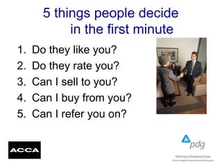 5 things people decide
in the first minute
1. Do they like you?
2. Do they rate you?
3. Can I sell to you?
4. Can I buy from you?
5. Can I refer you on?
 