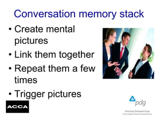 Conversation memory stack
• Create mental
pictures
• Link them together
• Repeat them a few
times
• Trigger pictures
 