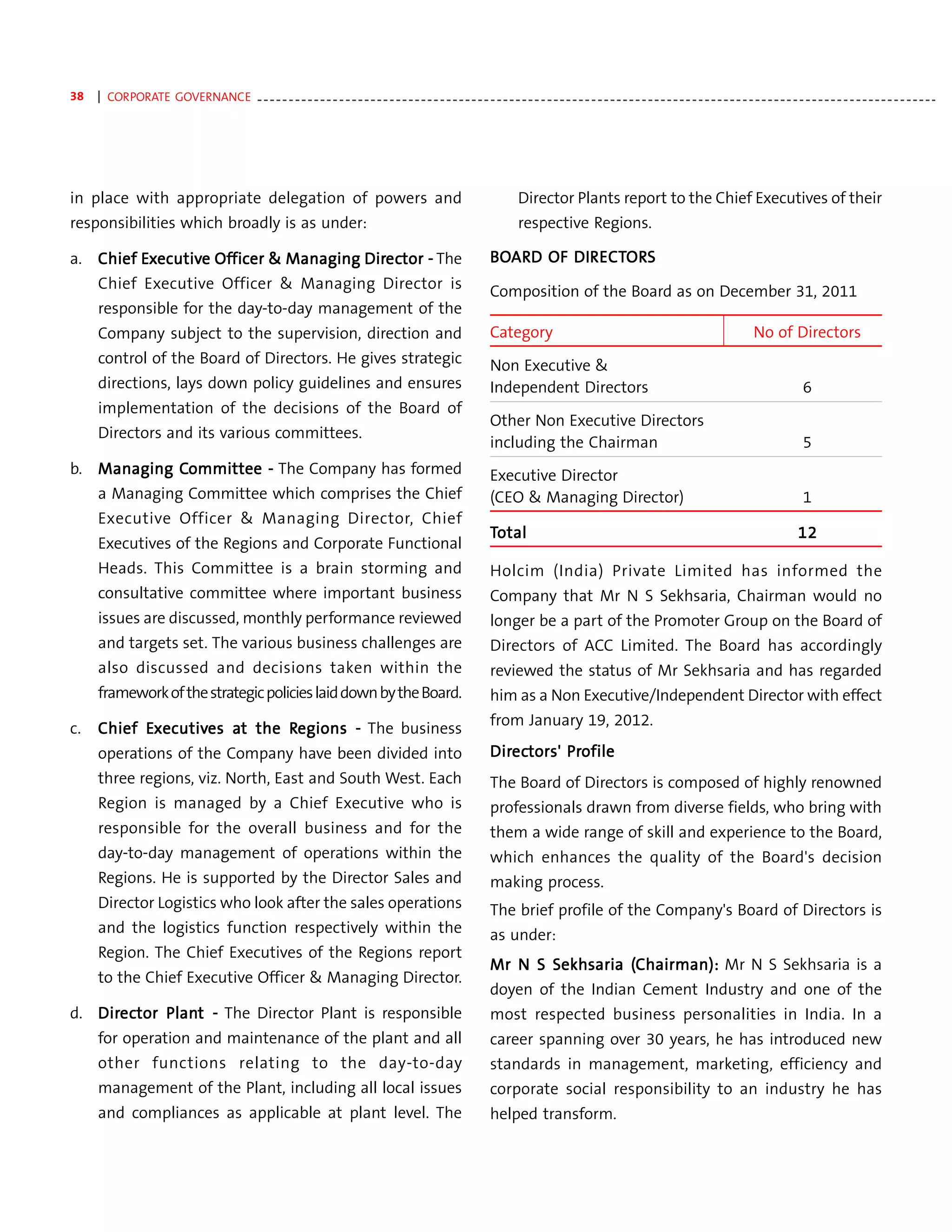 38   | CORPORATE GOVERNANCE - - - - - - - - - - - - - - - - - - - - - - - - - - - - - - - - - - - - - - - - - - - - - - - - - - - - - - - - - - - - - - - - - - - - - - - - - - - - - - - - - - - - - - - - - - - - - - - - - - - - - - - - - - - -




in place with appropriate delegation of powers and                                                                          Director Plants report to the Chief Executives of their
responsibilities which broadly is as under:                                                                                 respective Regions.

a. Chief Executive Officer & Managing Director - The
         Executive Officer            Direc
                                         ector                                                                      BOARD OF DIR ECTORS
                                                                                                                      ARD    DIRECTOR
                                                                                                                                    ORS
     Chief Executive Officer & Managing Director is                                                                 Composition of the Board as on December 31, 2011
     responsible for the day-to-day management of the
     Company subject to the supervision, direction and                                                              Category                                                                   No of Directors
     control of the Board of Directors. He gives strategic                                                          Non Executive &
     directions, lays down policy guidelines and ensures                                                            Independent Directors                                                                    6
     implementation of the decisions of the Board of
                                                                                                                    Other Non Executive Directors
     Directors and its various committees.
                                                                                                                    including the Chairman                                                                   5
b. Managing Committee - The Company has formed
            Committee                                                                                               Executive Director
     a Managing Committee which comprises the Chief                                                                 (CEO & Managing Director)                                                                1
     Executive Officer & Managing Director, Chief
                                                                                                                    Total                                                                                  12
     Executives of the Regions and Corporate Functional
     Heads. This Committee is a brain storming and                                                                  Holcim (India) Private Limited has informed the
     consultative committee where important business                                                                Company that Mr N S Sekhsaria, Chairman would no
     issues are discussed, monthly performance reviewed                                                             longer be a part of the Promoter Group on the Board of
     and targets set. The various business challenges are                                                           Directors of ACC Limited. The Board has accordingly
     also discussed and decisions taken within the                                                                  reviewed the status of Mr Sekhsaria and has regarded
     framework of the strategic policies laid down by the Board.                                                    him as a Non Executive/Independent Director with effect
                                                                                                                    from January 19, 2012.
c.   Chief Executives at the Regions - The business
           Executives at     Regions
     operations of the Company have been divided into                                                               Directors' Profile
                                                                                                                    Direc
                                                                                                                       ectors' Profile
     three regions, viz. North, East and South West. Each                                                           The Board of Directors is composed of highly renowned
     Region is managed by a Chief Executive who is                                                                  professionals drawn from diverse fields, who bring with
     responsible for the overall business and for the                                                               them a wide range of skill and experience to the Board,
     day-to-day management of operations within the                                                                 which enhances the quality of the Board's decision
     Regions. He is supported by the Director Sales and                                                             making process.
     Director Logistics who look after the sales operations                                                         The brief profile of the Company's Board of Directors is
     and the logistics function respectively within the                                                             as under:
     Region. The Chief Executives of the Regions report
                                                                                                                    Mr N S Sekhsaria (Chairman): Mr N S Sekhsaria is a
                                                                                                                                     (Chairman):
     to the Chief Executive Officer & Managing Director.
                                                                                                                    doyen of the Indian Cement Industry and one of the
d. Director Plant - The Director Plant is responsible
   Direc
      ector Plant                                                                                                   most respected business personalities in India. In a
     for operation and maintenance of the plant and all                                                             career spanning over 30 years, he has introduced new
     other functions relating to the day-to-day                                                                     standards in management, marketing, efficiency and
     management of the Plant, including all local issues                                                            corporate social responsibility to an industry he has
     and compliances as applicable at plant level. The                                                              helped transform.
 