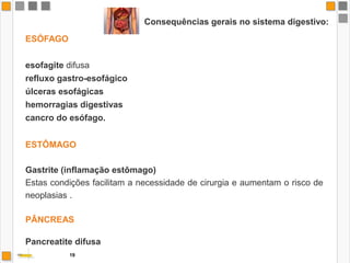  irritabilidade, fenómenos de amnésia, fadiga muscular, etc.As consequências do consumo de álcool reflectem-se nas elevadas taxas de mortalidade por cirrose hepática, sinistralidade rodoviária e laboral, bem como na morte prematura, no insucesso escolar, no síndrome fetal alcoólico e nas taxas de homicídio e suicídio.Que tipos de lesões pode o álcool provocar no organismo?