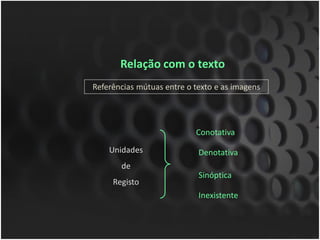 Relação com o texto
Referências mútuas entre o texto e as imagens




                           Conotativa
    Unidades                Denotativa
       de
                            Sinóptica
     Registo
                            Inexistente
 