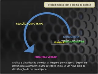 Procedimento com a grelha de análise




   RELAÇÃO COM O TEXTO



                                              ICONOGRAFIA
                                          CONTEÚDO CIENTÍFICO
                                               FUNCIONALIDADE
                                      Ilustração




                    ETIQUETAS VERBAIS
Análise e classificação de todas as imagens por categoria. Depois de
classificadas as imagens numa categoria inicia-se um novo ciclo de
classificação de outra categoria.                                      24
 