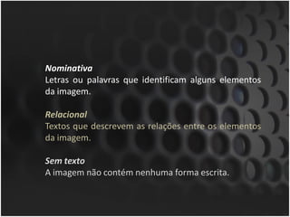Nominativa
Letras ou palavras que identificam alguns elementos
da imagem.

Relacional
Textos que descrevem as relações entre os elementos
da imagem.

Sem texto
A imagem não contém nenhuma forma escrita.
 