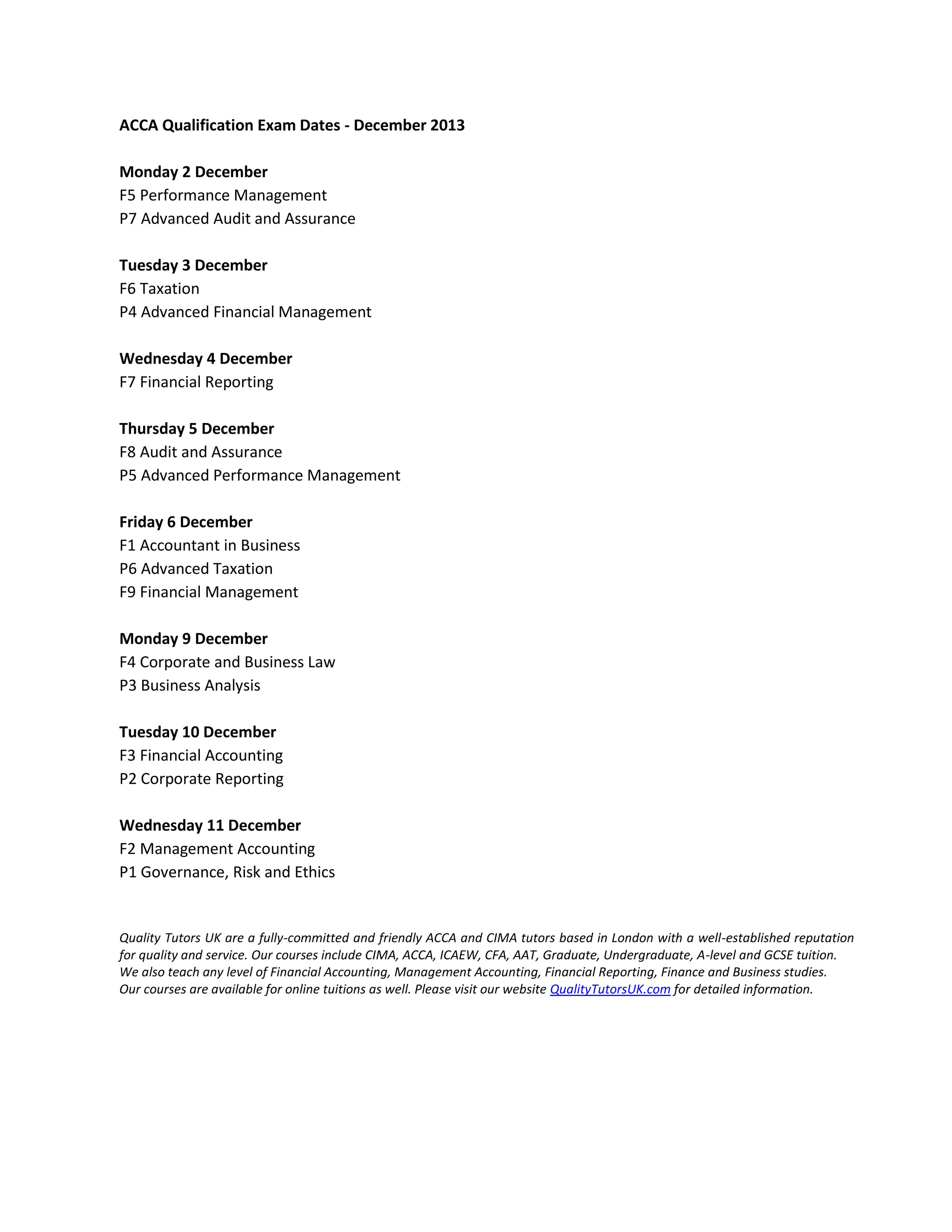 ACCA Exam Dates December 2013 PDF