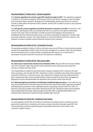 Asia Cloud Computing Association | Response to Draft MR for Private Scope on GR 71/2019 | March 2020 | Page 4 of 5
Recomme...