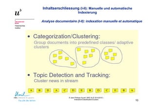 Inhaltserschliessung (I-II): Manuelle und automatische
Indexierung
Analyse documentaire (I-II): indexation manuelle et automatique
Historisches
Institut
Indexation/Classification/Clusters
10
© Jean-Philippe Accart, MAS ALIS 2014/2016 –
Indexation/Classification/Clusters
 