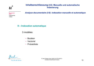 Inhaltserschliessung (I-II): Manuelle und automatische
Indexierung
Analyse documentaire (I-II): indexation manuelle et automatique
Historisches
Institut
© Jean-Philippe Accart, MAS ALIS 2014/2016 –
Indexation/Classification/Clusters
15
II – Indexation automatique
3 modèles:
- Booléen
- Vectoriel
- Probabiliste
 
