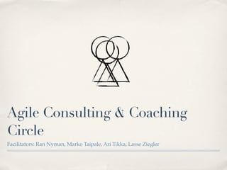 Agile Consulting & Coaching
Circle
Facilitators: Ran Nyman, Marko Taipale, Ari Tikka, Lasse Ziegler
 