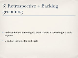 3) Retrospective + Backlog
grooming



✤   In the end of the gathering we check if there is something we could
    improve

✤   ... and set the topic for next circle
 