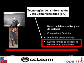 2008 2019 Marco de labor creativa y uso de material Contenidos y Servicios Ambientes de aprendizaje  Nuevas formas de acceder al conocimiento y producirlo Tecnologías de la Información  y las Comunicaciones (TIC)‏ 