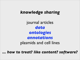 knowledge sharing

             journal articles
                 data
               ontologies
              annotations
         plasmids and cell lines

... how to treat? like content? software?
 