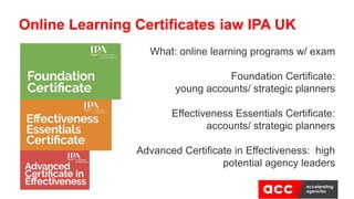 What: online learning programs w/ exam
Foundation Certificate:
young accounts/ strategic planners
Effectiveness Essentials Certificate:
accounts/ strategic planners
Advanced Certificate in Effectiveness: high
potential agency leaders
Online Learning Certificates iaw IPA UK
 