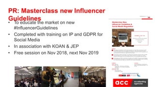 • To educate the market on new
#InfluencerGuidelines
• Completed with training on IP and GDPR for
Social Media
• In association with KOAN & JEP
• Free session on Nov 2018, next Nov 2019
PR: Masterclass new Influencer
Guidelines
 