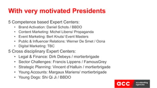 5 Competence based Expert Centers:
• Brand Activation: Daniel Schots / BBDO
• Content Marketing: Michel Libens/ Propaganda
• Event Marketing: Bert Knuts/ Event Masters
• Public & Influencer Relations: Werner De Smet / Oona
• Digital Marketing: TBC
5 Cross disciplinary Expert Centers:
• Legal & Finance: Dirk Debeys / mortierbrigade
• Sector Challenges: Francis Lippens / FamousGrey
• Strategic Planning: Vincent d’Halluin / mortierbrigade
• Young Accounts: Margaux Mariens/ mortierbrigade
• Young Dogs: Shi Qi Ji / BBDO
With very motivated Presidents
 