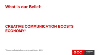 CREATIVE COMMUNICATION BOOSTS
ECONOMY*
* Proven by Deloitte Economic Impact Survey 2014
What is our Belief:
 