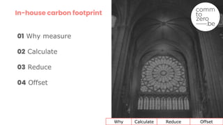 01 Why measure
02 Calculate
03 Reduce
04 Offset
In-house carbon footprint
Why Calculate Reduce Offset
 