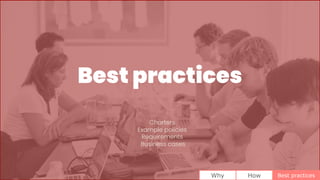 Why How Best practices
Charters
Example policies
Requirements
Business cases
Best practices
 