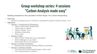 Group workshop series: 4 sessions
”Carbon Analysis made easy”
Guiding companies in the calculation of their Scope 1 & 2 carbon footprinting
• Planning:
• Series of 4 sessions (over 4 months) to calculate the Carbon Footprint Scope 1 & 2
• Approach:
• Session 1: Introduction & Onboarding
• “How to start carbon footprinting?”
• ”Which data to collect?”
• “What is Scope 1 & 2?”
• Software-onboarding
• How to start
• Session 2: Q&A
• What is hard? What didn’t you understand?
• What challenges do you fase?
• Which data did you not acquire?
• Session 3: Review of outcome
• Review of the outcome between different companies
• Session 4: Strategy meeting
• You know your environmental impact, what’s next?
• From measurement to actions?
 