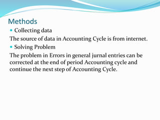 Methods
 Collecting data
The source of data in Accounting Cycle is from internet.
 Solving Problem
The problem in Errors in general jurnal entries can be
corrected at the end of period Accounting cycle and
continue the next step of Accounting Cycle.
 