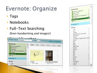 Tags Notebooks Full-Text Searching (Even handwriting and images!) Saved Searches 