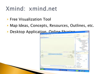 Free Visualization Tool Map Ideas, Concepts, Resources, Outlines, etc. Desktop Application, Online Sharing 