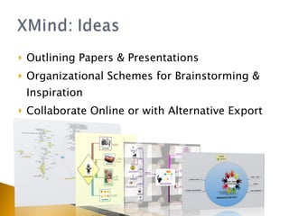 Outlining Papers & Presentations Organizational Schemes for Brainstorming & Inspiration Collaborate Online or with Alternative Export Formats 
