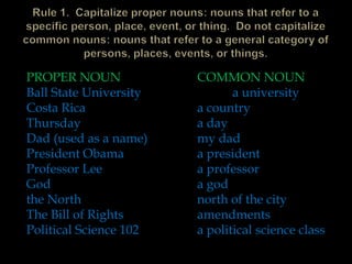 PROPER NOUN
Ball State University
Costa Rica
Thursday
Dad (used as a name)
President Obama
Professor Lee
God
the North
The Bill of Rights
Political Science 102

COMMON NOUN
a university
a country
a day
my dad
a president
a professor
a god
north of the city
amendments
a political science class

 