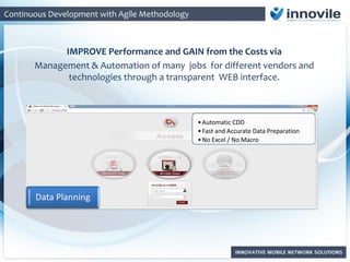 IMPROVE Performance and GAIN from the Costs via
Management & Automation of many jobs for different vendors and
technologies through a transparent WEB interface.
Continuous Development with Agile Methodology
•Automatic CDD
•Fast and Accurate Data Preparation
•No Excel / No Macro
Data Planning
 