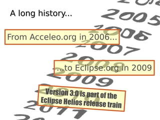 A long history...

From Acceleo.org in 2006...


             ...to Eclipse.org in 2009

         Version 3.0 is part
                             of the
        Eclipse Helios rele
                           ase train
 